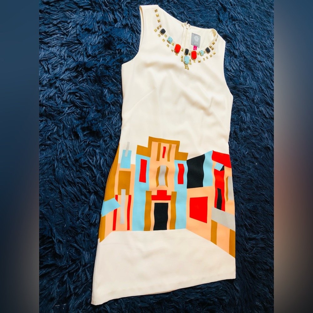 NWOT Vince Camuto Cream Villa Print Beaded Shift Mini Dress. Size 2 - Picture 6 of 12